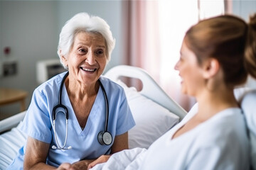 Happy senior female nurse with stethoscope speaking to her female patient at the hospital. Generative AI.