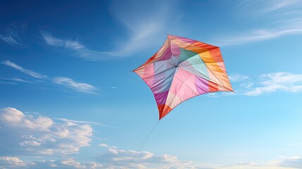 a colorful kite is flying high in the sky above a beach.  generative ai