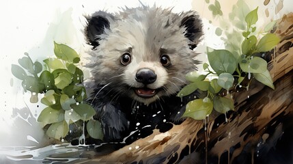  a painting of a panda bear peeking out of a tree.  generative ai