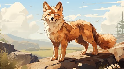  a painting of a dog standing on a rock in the wilderness.  generative ai