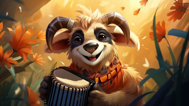  a painting of a goat holding a drum in a field of flowers.  generative ai