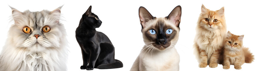 Set of different breeds of cats. Persian cat, Siamese cat, black cat, ginger cat and little kitten. Close-up portrait of a cat. Isolated on a transparent background. KI.