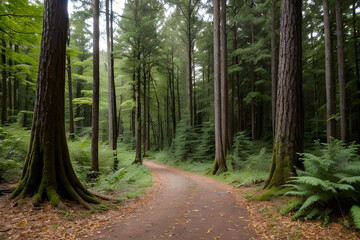 Fototapeta premium A bunch of tall trees in the middle of a lonely forest,AI generated