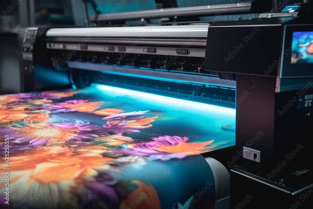 Canvas Prints Large inkjet printer printing on a variety of materials, such as vinyl, fabric, and canvas, showcasing the versatility of these printers. Generative Ai