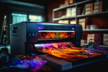 Large inkjet printer printing on a variety of materials, such as vinyl, fabric, and canvas, showcasing the versatility of these printers. Generative Ai