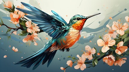 Obraz na płótnie Canvas a colorful bird sitting on a branch of a flowery tree. generative ai