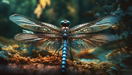 Illustration of a beautiful blue dragonfly. AI generated