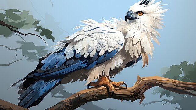 a painting of a white and blue bird perched on a branch.  generative ai