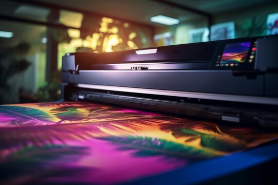 Large inkjet printer printing on a variety of materials, such as vinyl, fabric, and canvas, showcasing the versatility of these printers. Generative Ai
