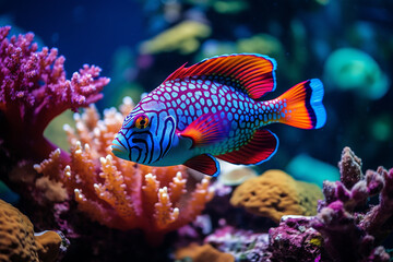 Fototapeta na wymiar Generative AI a colorful fish swimming through a coral reef
