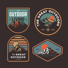 set collection of vintage adventure badge. Camping emblem logo with mountain illustration in retro hipster style.