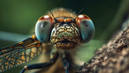 Closeup with great detail of the head of a dragonfly. AI generated