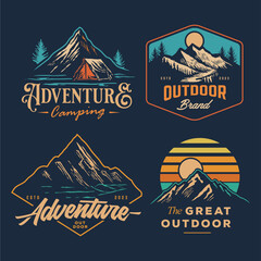 set collection of vintage adventure badge. Camping emblem logo with mountain illustration in retro hipster style. - obrazy, fototapety, plakaty