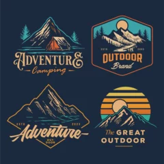 Fotobehang Retro compositie set collection of vintage adventure badge. Camping emblem logo with mountain illustration in retro hipster style.