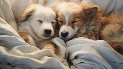 Two cute puppies cuddling on a bed. Dogs sleeping. Generative AI illustration.