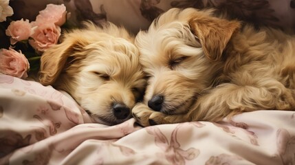 Naklejka na ściany i meble Two cute puppies cuddling on a bed. Dogs sleeping. Generative AI illustration.