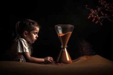 Girl looking time concept hourglass in sand with tree