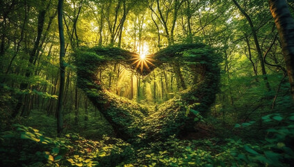 Heart formed by tree branches and leaves on a forest trail. AI generated