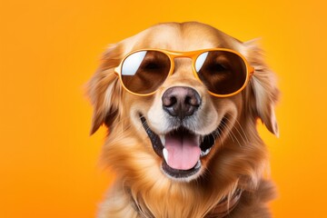 Funny dog with sunglasses isolated on a plain orange background. Generative AI illustration.