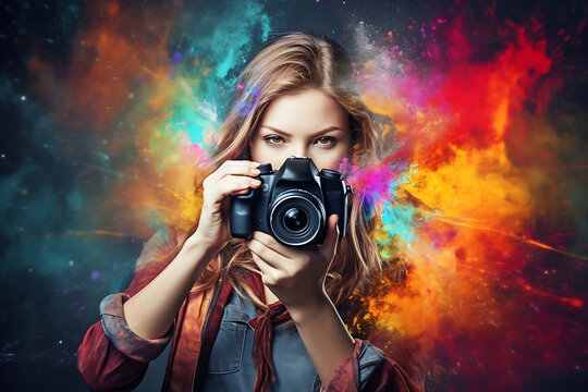 Woman taking a photo with a DSLR Camera covered with a color explosion, Creative Photography Digital Concept Render