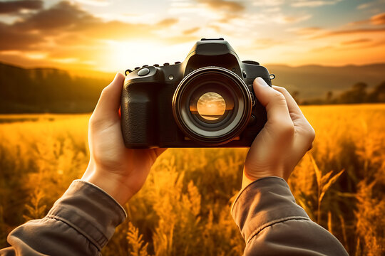 Taking a Selfie with a DSLR Camera in a field, Digital Render