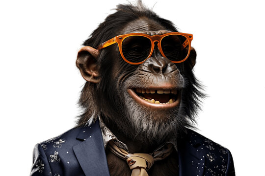 Cool Happy Chimpanzee with Sunglasses on Transparent Background. AI