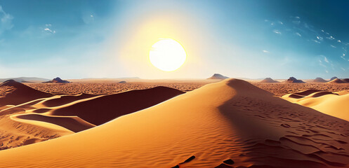 Fototapeta na wymiar illustrazione con paesaggio desertico, dune di sabbia e rocce, grande sole cocente, Generative Ai