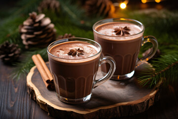 Hot chocolate in two glasses, decorated with star anise. placed on a wooden table adorned with a few pine blurred cones, adding a touch of festive decoration to the image.