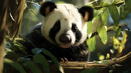  a panda bear sitting in a tree looking at the camera.  generative ai