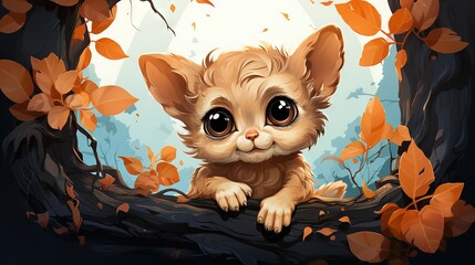 Fototapeta premium a little kitten sitting on a branch in a forest with leaves. generative ai