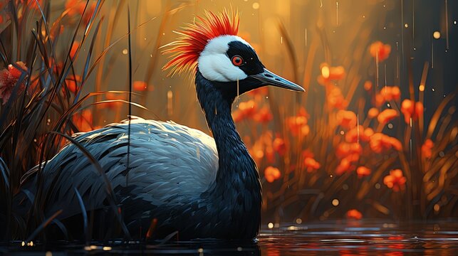  a painting of a bird with a red mohawk in the water.  generative ai