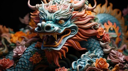  a statue of a dragon with flowers on it's head.  generative ai