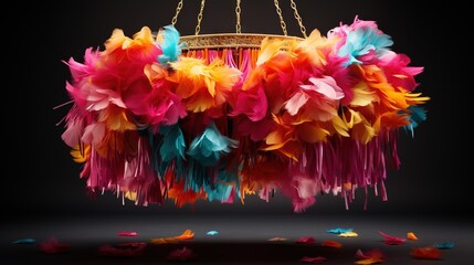  a colorful chandelier hanging from a chain with feathers.  generative ai