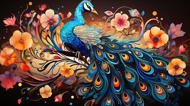  a painting of a peacock on a black background with flowers.  generative ai