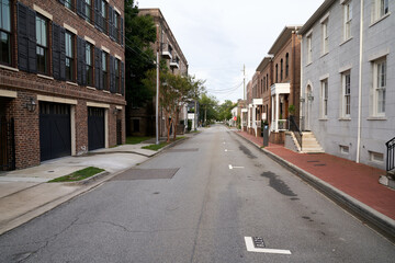 Fototapeta na wymiar Empty Street of Single-Family Residential Neighborhood in Savannah Georgia Historical District 