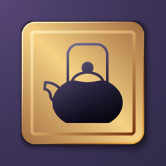 Purple Kettle with handle icon isolated on purple background. Teapot icon. Gold square button. Vector