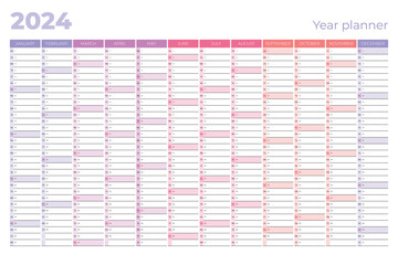 2024 yearly calendar.  Planner template. Vector business organizer.