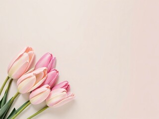 Pink tulips on pastel pink background. Concept Women's Day, March 8. 8th march. Spring background. Flat lay, top view, copy space