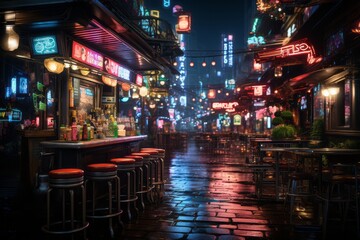 An urban street scene with glowing neon lights, conveying the vibrant energy of a city nightlife. Generative Ai