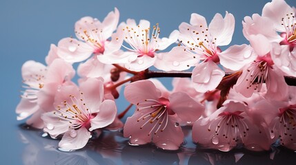  a close up of a bunch of pink flowers on a branch.  generative ai