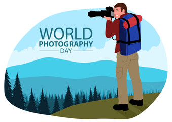 Clip art of Photographer with telescopic lens takes a photograph of a beautiful mountain landscape, World Photography Day vector illustration