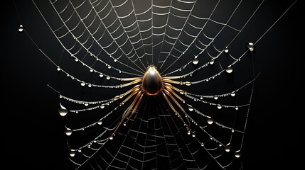  a spider web with drops of water on it's web.  generative ai