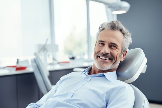  a photo of a handsome adult man client patient at a dental clinic. cleaning and repairing teeth at a dentist doctor. laying on the orthodontic dental chair. Generative AI