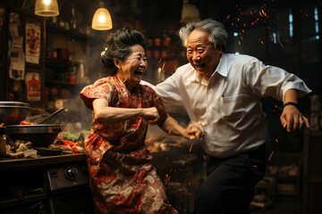Obraz premium Old asian couple dancing in the kitchen. Generative AI