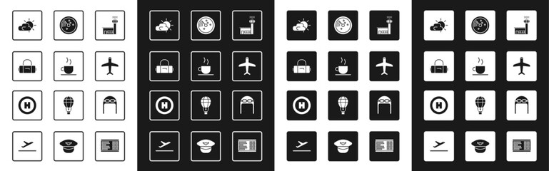 Set Airport control tower, Coffee cup, Suitcase, Sun and cloud weather, Plane, Radar with targets monitor, Aviator hat goggles and Helicopter landing pad icon. Vector