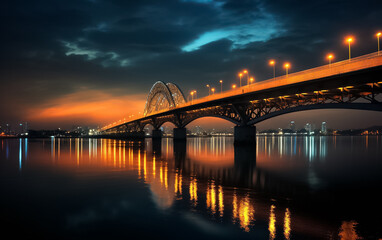 Highway bridge across a river. Sunset at the bridge across river. Bridge across river against sunset sky. Generative AI.