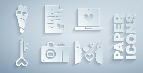 Set Photo camera, Dating app online, Key heart shape, Love first sight, Envelope with Valentine and Ice cream waffle cone icon. Vector