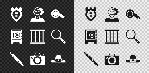 Set Police badge, Murder, Whistle, Marijuana joint, Photo camera, Sheriff hat with, Safe and Prison window icon. Vector