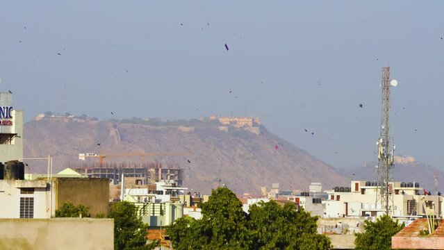 sky filled with kites with aravalli mountains hills with nahargarh fort in background showing celebrations of makar sankranti, independence day and uttarayan during the day