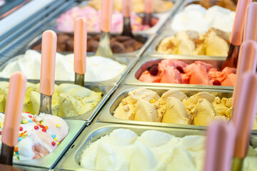 Ice cream display case with lots of trays with different flavors
